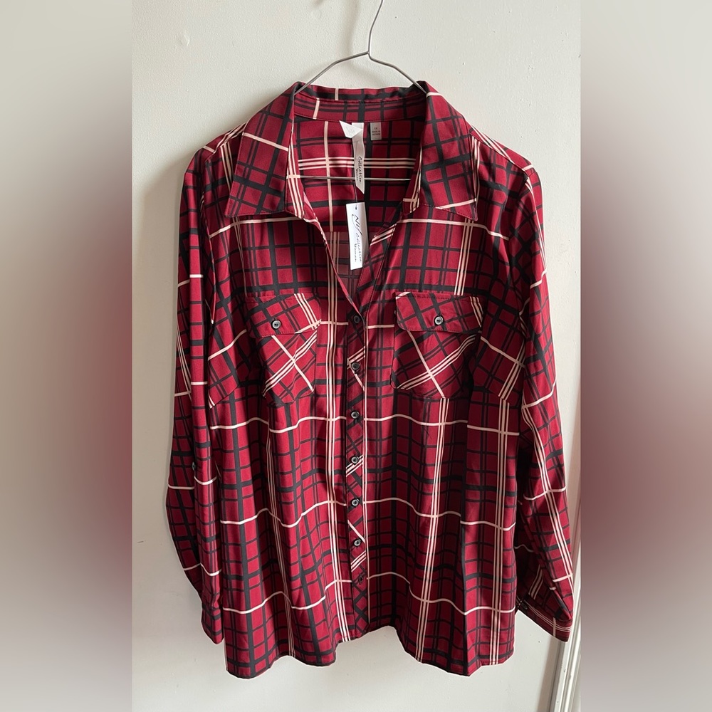 NWT: (NY Collection) burgundy striped button up shirt with tags.